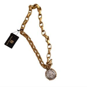NWT House Of Harlow 1960 Chunky Gold Chain Necklace Silver Coin Pendant